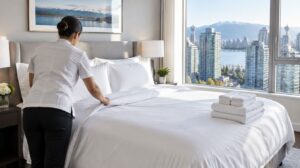 Cleaner making a bed in a bright Vancouver short-term rental suite